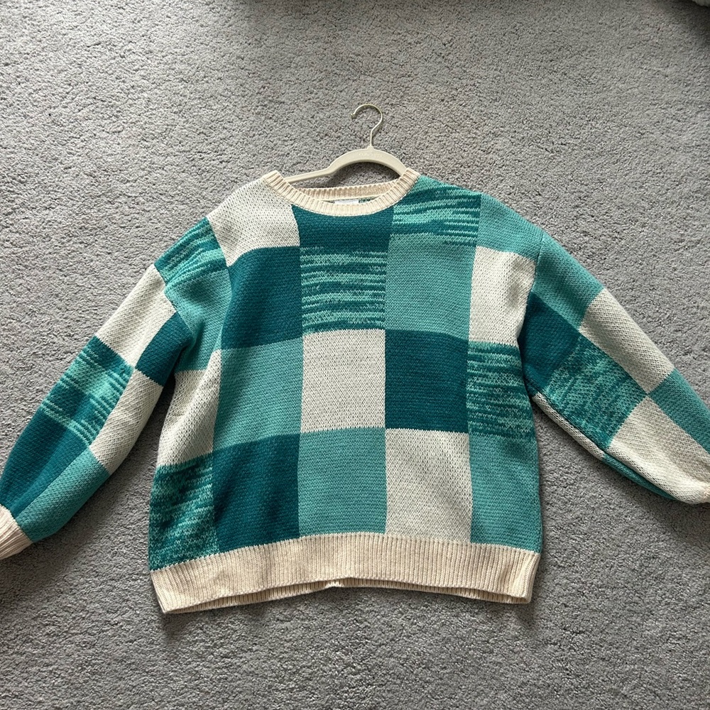 Never worn blue and white square pattern sweater
